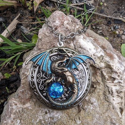 Large Bronze Dragon Locket Necklace with black opal replica, Fantasy jewelry, Gothic jewelry - image1